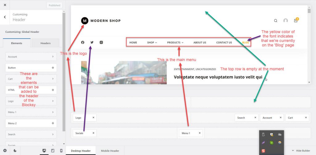 Blocksy theme header builder