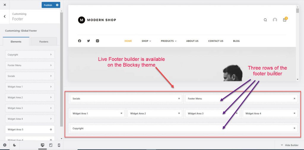 Blocksy theme footer builder